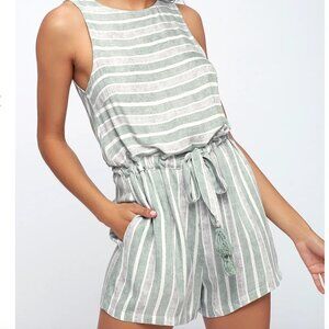 MinkPink Pure Shores Green Grey Striped Romper Open Back Small